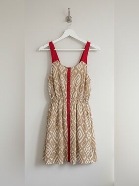 Charming Charlie Tan Red Ikat Diamond Chiffon Dress Size M